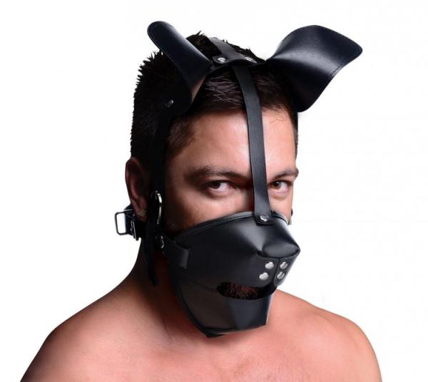 Pup Puppy Play Hood and Breathable Ball Gag Black